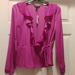 NWT Banana Republic Purple Pink Ruffle Blouse Cross Tie Satin Top Size XS